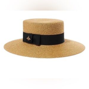 GUCCI Straw Hat Beige with Black Ribbon & Bee